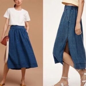 Wilfred by Aritzia Gabrielle Blue Denim Lyocell Linen Blend XS Midi Jean Skirt‎